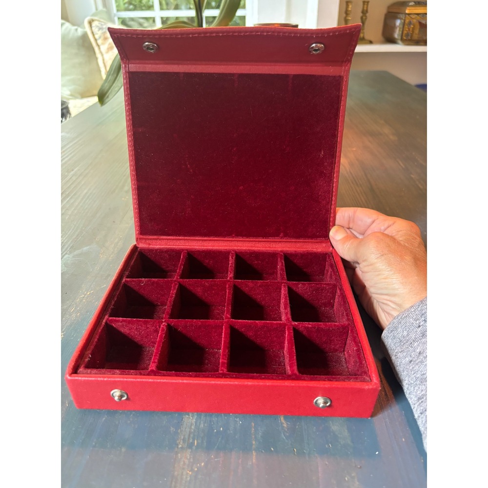 Red Leather Jewelry Travel Case 12 Compartment Velvet Lining Organizer Box - Picture 2 of 8
